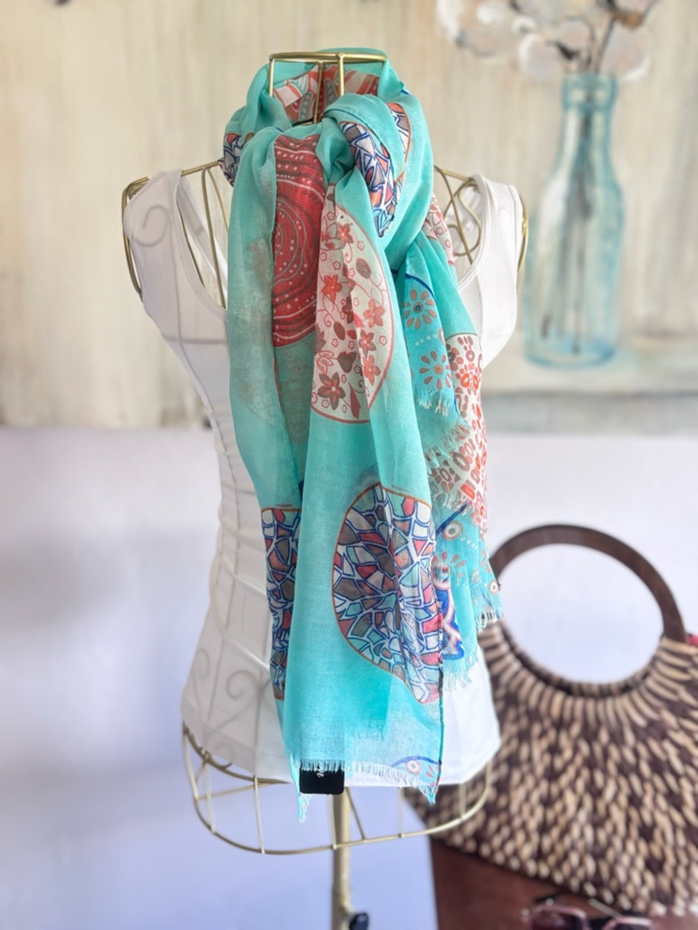 NWT Turquoise Boho Viscose Scarf Wrap 72x34 Lightweight Beach - Picture 2 of 6